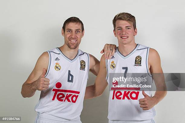 Andres Nocioni of Real Madrid and Luka Doncic poses during the 2015/2016 Turkish Airlines Euroleague Basketball Media Day at Polideportivo Valle de...