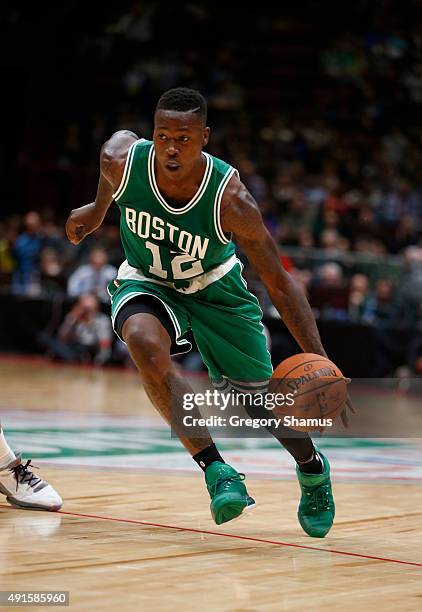 Terry Rozier of the Boston Celtics dribbles against Emporio Armani Milano as part of the 2015 Global Games on October 6, 2015 at the Mediolanum...