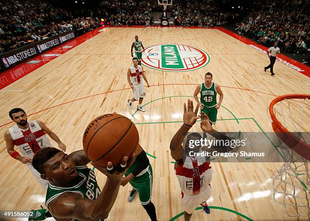 Marcus Smart of the Boston Celtics drives to the basket against Emporio Armani Milano as part of the 2015 Global Games on October 6, 2015 at the...