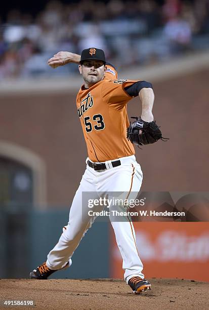 Chris Heston of the San Francisco Giants pitches against the Colorado Rockies in the top of the first inning at AT&T Park on October 2, 2015 in San...