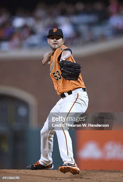 Chris Heston of the San Francisco Giants pitches against the Colorado Rockies in the top of the first inning at AT&T Park on October 2, 2015 in San...