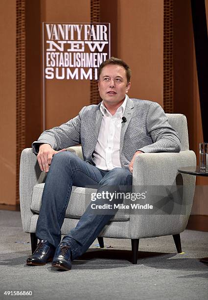 Tesla Motors CEO and Product Architect Elon Musk speaks onstage during "What Will They Think of Next? Talking About Innovation" at the Vanity Fair...