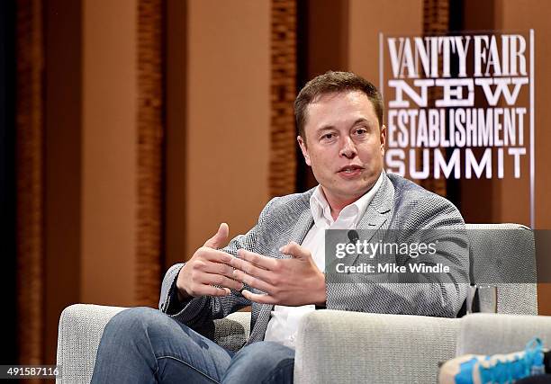 Tesla Motors CEO and Product Architect Elon Musk speaks onstage during "What Will They Think of Next? Talking About Innovation" at the Vanity Fair...