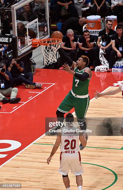 Jared Sullinger of the Boston Celtics drives to the basket against Emporio Armani Milano as part of the 2015 Global Games on October 6, 2015 at the...