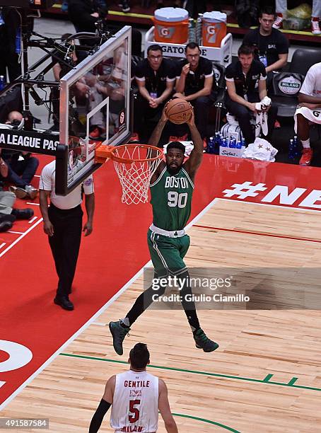 Amir Johnson of the Boston Celtics dunks against Emporio Armani Milano as part of the 2015 Global Games on October 6, 2015 at the Mediolanum Forum,...