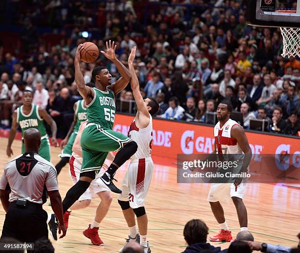 Jordan Mickey of the Boston Celtics drives to the basket against Emporio Armani Milano as part of the 2015 Global Games on October 6, 2015 at the...