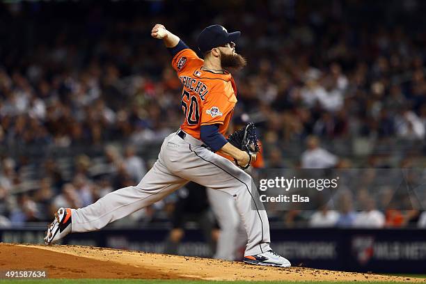 Dallas Keuchel of the Houston Astros throws a pitch in the first inning against Brett Gardner of the New York Yankees during the American League Wild...