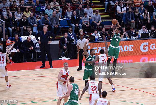 Jared Sullinger of the Boston Celtics against Gani Lawai of Emporio Armani Milano as part of the 2015 Global Games on October 6, 2015 at the...