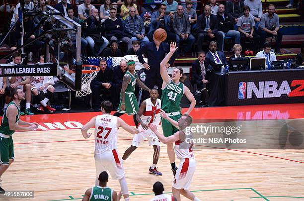 Kelly Olynyk of the Boston Celtics shoots against Emporio Armani Milano as part of the 2015 Global Games on October 6, 2015 at the Mediolanum Forum,...