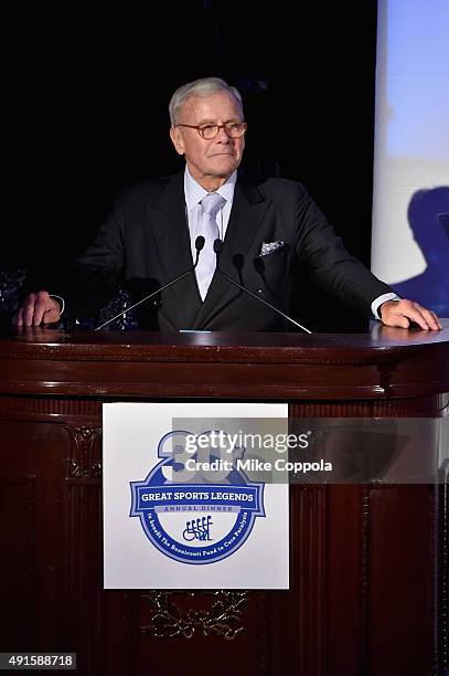 Journalist Tom Brokaw speaks onstage during the 30th Annual Great Sports Legends Dinner to benefit The Buoniconti Fund to Cure Paralysis at The...