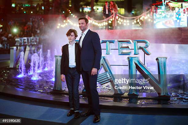 Hugh Jackman and Levi Miller during a red carpet to present the movie 'Peter Pan' at Toreo Parque Central on October 06, 2015 in Mexico City, Mexico.