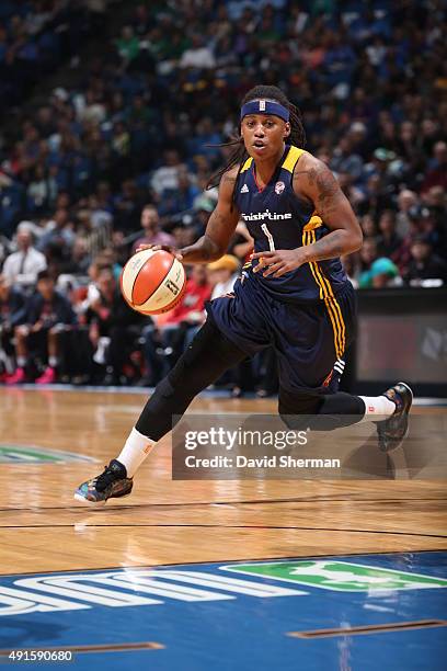 Shavonte Zellous of the Indiana Fever handles the ball against the Minnesota Lynx during Game Two of the 2015 WNBA Finals on October 6, 2015 at...