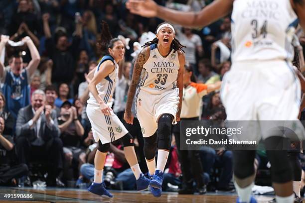Seimone Augustus of the Minnesota Lynx celebrates during Game Two of the 2015 WNBA Finals against the Indiana Fever on October 6, 2015 at Target...
