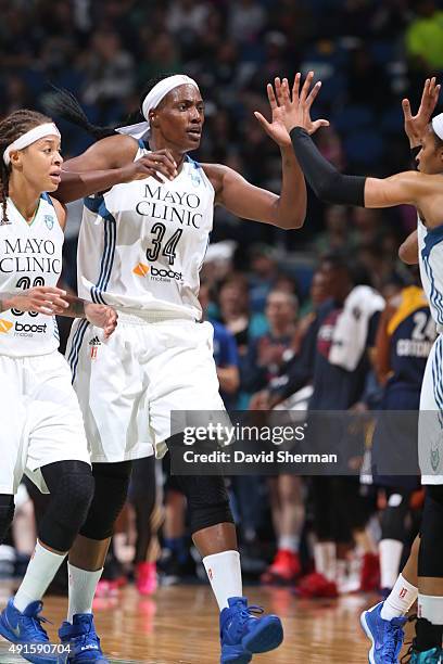 Sylvia Fowles of the Minnesota Lynx celebrates during Game Two of the 2015 WNBA Finals against the Indiana Fever on October 6, 2015 at Target Center...