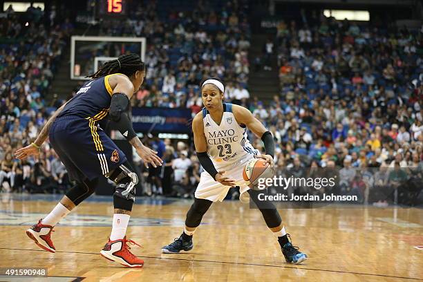 Maya Moore of the Minnesota Lynx handles the ball against the Indiana Fever during Game Two of the 2015 WNBA Finals on October 6, 2015 at Target...