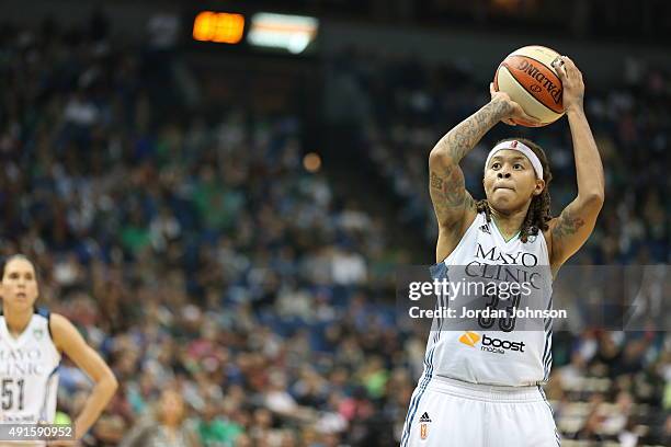 Seimone Augustus of the Minnesota Lynx shoots a free throw against the Indiana Fever during Game Two of the 2015 WNBA Finals on October 6, 2015 at...