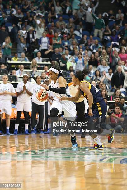 Maya Moore of the Minnesota Lynx handles the ball against the Indiana Fever during Game Two of the 2015 WNBA Finals on October 6, 2015 at Target...