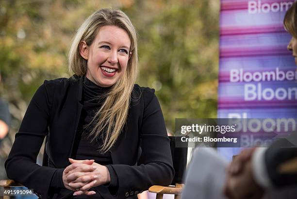 Billionaire Elizabeth Holmes, founder and chief executive officer of Theranos Inc., reacts during a Bloomberg Television interview at the Vanity Fair...