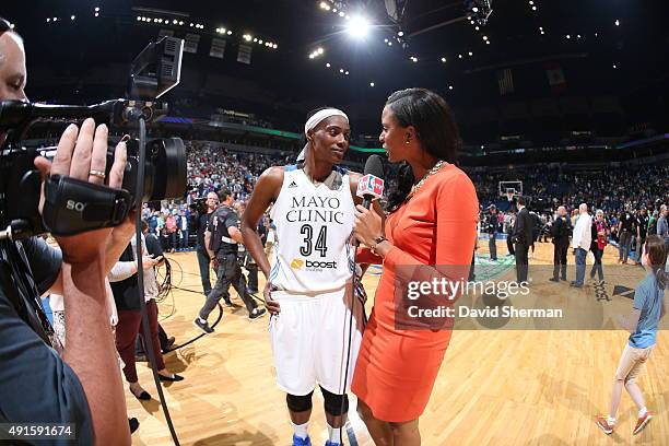 Sylvia Fowles of the Minnesota Lynx is interviewed after a victory in Game Two of the 2015 WNBA Finals against the Indiana Fever on October 6, 2015...