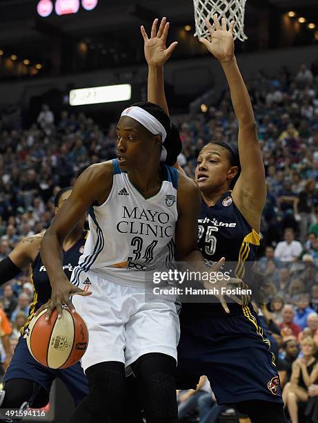 Marissa Coleman of the Indiana Fever defends against Sylvia Fowles of the Minnesota Lynx during the second quarter in Game Two of the 2015 WNBA...