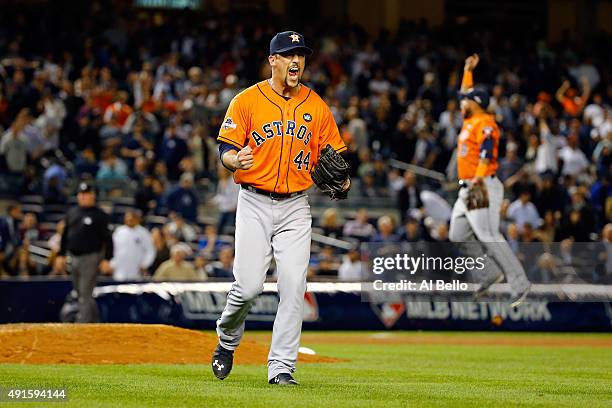 Luke Gregerson of the Houston Astros celebrates defeating the New York Yankees in the American League Wild Card Game at Yankee Stadium on October 6,...