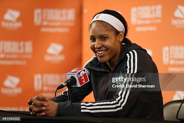 Maya Moore of the Minnesota Lynx is interviewed after Game Two of the 2015 WNBA Finals against the Indiana Fever on October 6, 2015 at Target Center...