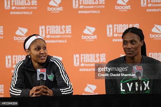 Maya Moore and Sylvia Fowles of the Minnesota Lynx are interviewed after Game Two of the 2015 WNBA Finals against the Indiana Fever on October 6,...