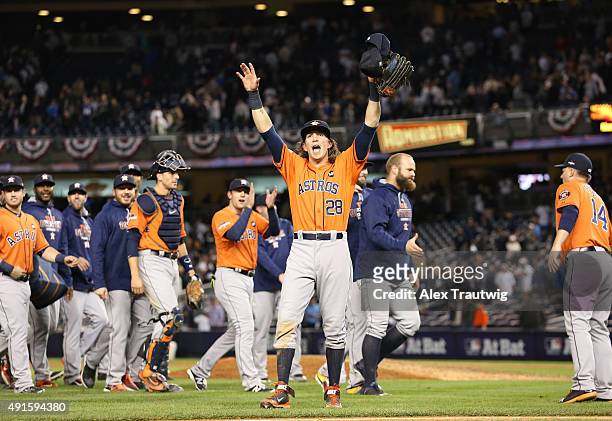 Colby Rasmus and the Houston Astros celebrate after defeating the New York Yankees in the American League Wild Card Game on Tuesday, October 6, 2015...