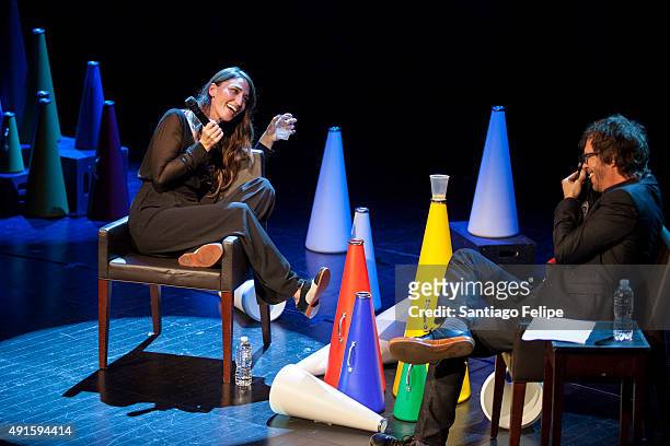 Sara Bareilles and Ben Folds speak during 'Sara Bareilles New York Performance And Q&A' at Brooklyn Academy of Music on October 6, 2015 in New York...