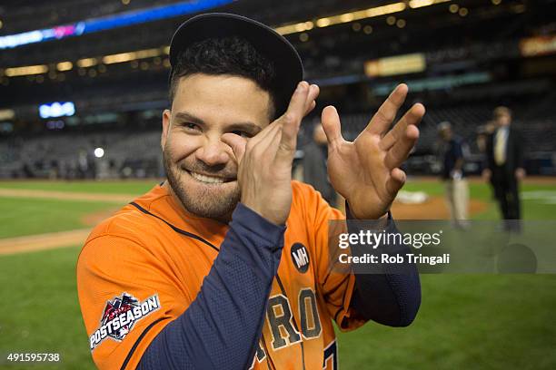 Jose Altuve of the Houston Astros celebrates after defeating the New York Yankees in the American League Wild Card Game on Tuesday, October 6, 2015...