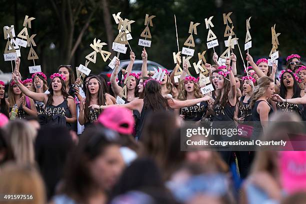 October 6: Members of Kappa Delta sorority chant as they welcome their new members on bid day at George Washington University on the National Mall in...