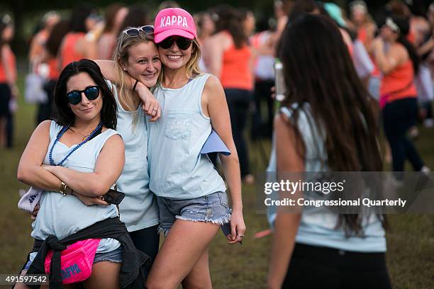 October 6: Members of Kappa Kappa Gamma sorority take a picture as they welcome their new members on bid day at George Washington University on the...