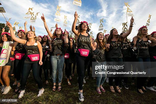 October 6: Members of Kappa Delta sorority chant as they welcome their new members on bid day at George Washington University on the National Mall in...