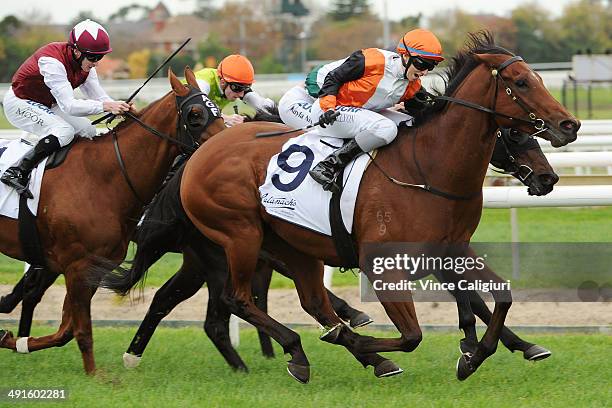 Katelyn Mallyon riding Pin Your Hopes wins Race 3, the Catanach's Jewellers Handicap during Melbourne Racing at Caulfield Racecourse on May 17, 2014...