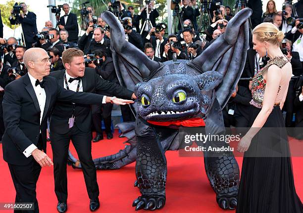 Australian actress Cate Blanchett and US producer Jeffrey Katzenberg attend the 'How To Train Your Dragon 2' premiere during the 67th Annual Cannes...