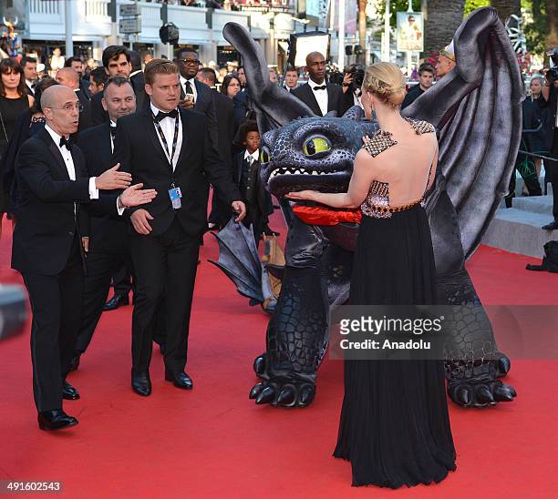 Australian actress Cate Blanchett and US producer Jeffrey Katzenberg attend the 'How To Train Your Dragon 2' premiere during the 67th Annual Cannes...