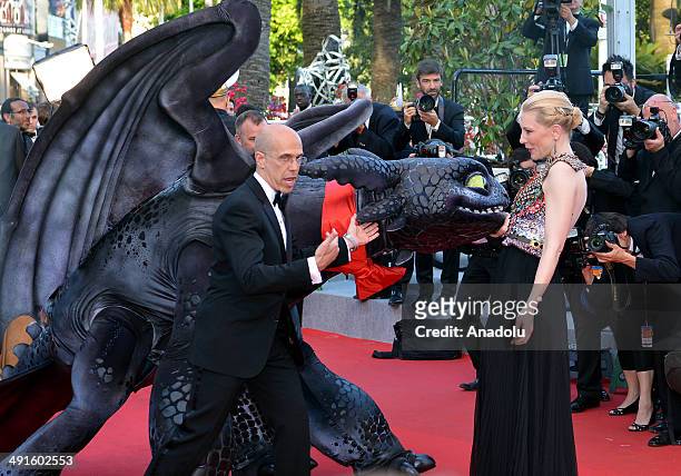 Australian actress Cate Blanchett and US producer Jeffrey Katzenberg attend the 'How To Train Your Dragon 2' premiere during the 67th Annual Cannes...