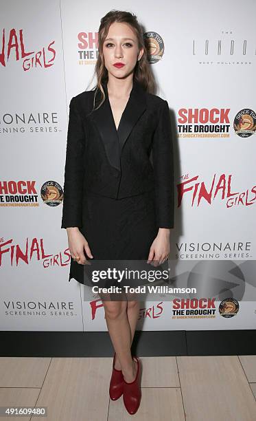 Taissa Farmiga attends a Visionaire screening of "The Final Girls" presented by Shock the Drought at The London West Hollywood on October 6, 2015 in...