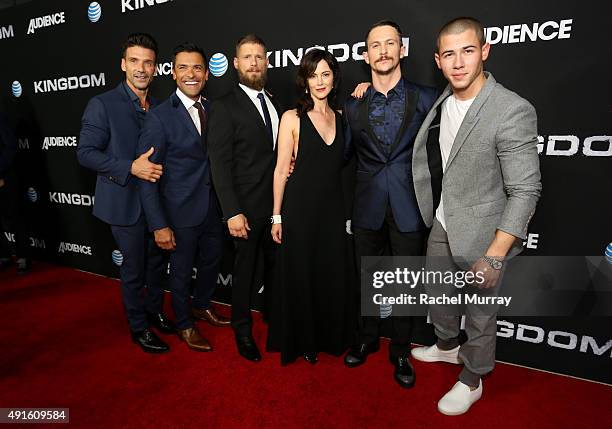 Actors Frank Grillo, Mark Consuelos, Matt Lauria, Joanna Going, Jonathan Tucker, and Nick Jonas celebrate the season premiere of DIRECTV's KINGDOM on...