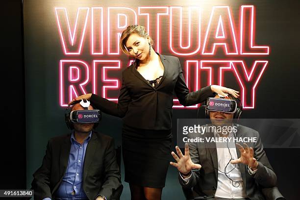 French porn actress Anna Polina poses during a presentation of a short erotic film in virtual reality during the MIPCOM audiovisual trade fair in...