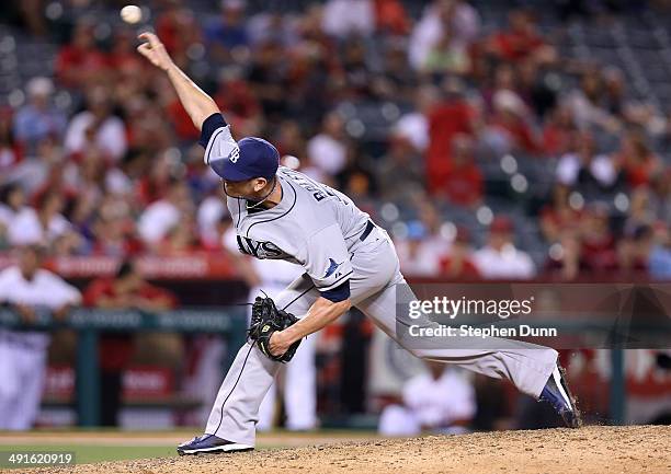 Closer Grant Balfour of the Tampa Bay Rays pitches the ninth inning on his way to picking up the save against the Los Angeles Angels of Anaheim at...