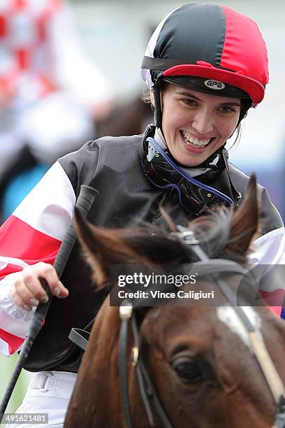 Kayla Nisbet riding Lord of the Sky after winning Race 6, the Taralye Listen Learn Speak Plate during Melbourne Racing at Caulfield Racecourse on May...