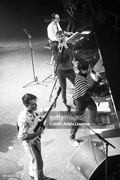 Nick McCarthy, Russell Mael, Alex Kapranos, and Ron Mael from supergroup "FFS" formed by Scottish indie rock band "Franz Ferdinand" and American...