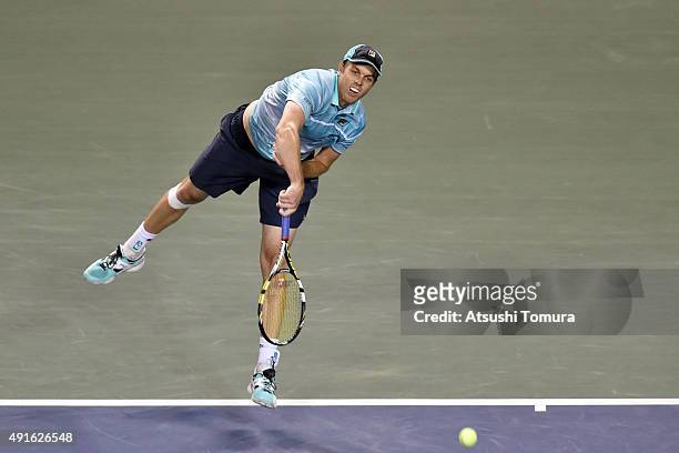 Sam Querrey of USA competes against Kei Nishikori of Japan during the men's singles second round match on day three of Rakuten Open 2015 at Ariake...