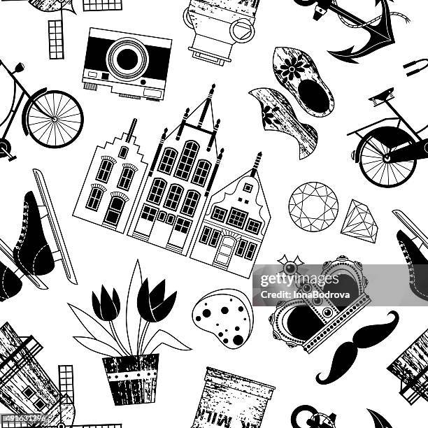 stockillustraties, clipart, cartoons en iconen met holland symbole pattern. - amsterdam fietsen