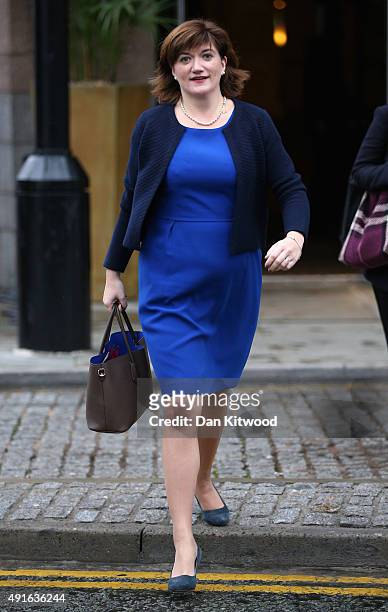 Education Secretary Nicky Morgan arrives for the fourth and final day of the Conservative Party Conference, at Manchester Central on October 7, 2015...