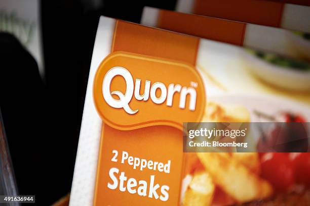 Packaging for Quorn Peppered Steaks, manufactured by Quorn Foods Ltd., sit on display at the company's reception at the factory in Stokesley, U.K.,...