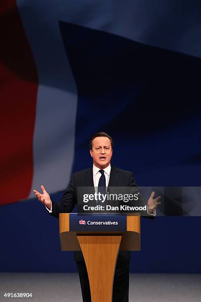 British Prime Minister David Cameron gives his keynote speech to delegates on the fourth and final day of the Conservative Party Conference, at...