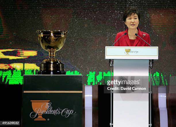 Park Geun-hye The President of South Korea speaks during her official welcoming speech during the opening ceremony of the 2015 Presidents Cup at the...