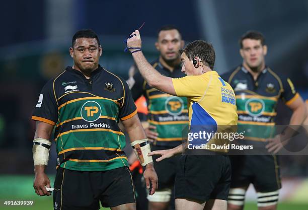 Salesi Ma'afu of Northampton is shown the red card by referee JP Doyle after fighting with Leicester hooker Tom Youngs during the Aviva Premiership...